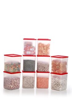 YouBee® Modular Plastic Kitchen Storage Air-Tight Container Set Ideal for Floor | Cereal | Dal | Rice | Pulses | Multi-Purpose Stackable BPA Free Kitchen Storage Container 2000 Ml Set of 10 (Red Lid)