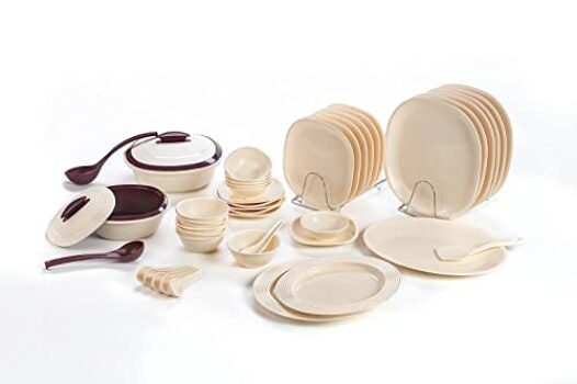 Signoraware Plastic Dinnerware Set, 46-Pieces, Off White and Maroon